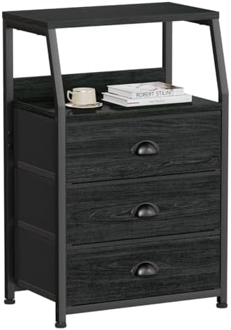 Furnulem Black Night Stand, Small Bedside Table for with 3 Fabric Drawers by Furnulem