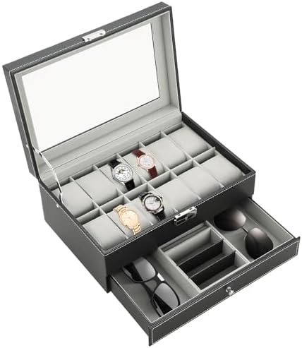 MYFULLY 2-Layer Watch & Jewelry Box with Drawer, PU Leather Display Case by MYFULLY