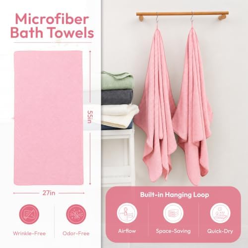 JML Bath Towels with Hanging Loop, 2 Pack, 27x55 in, Microfiber, Pink - Image 2