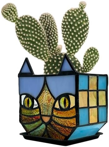 Tiffany Style Stained Glass Cat Flower Pots with Drainage,Funny Blue Cat Planter,Cute Garden Pots,Flower Pots for Indoor Plants,Gifts for Plant Lovers,4.6x3x5.15 in by Entlityful