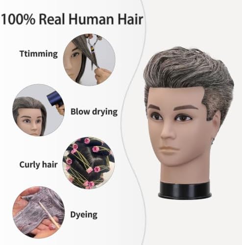 12 Inch Male Barber Mannequin Head, Salt Pepper Ash Gray White 100% Human Hair Training Head with Clamp Stand - Image 5