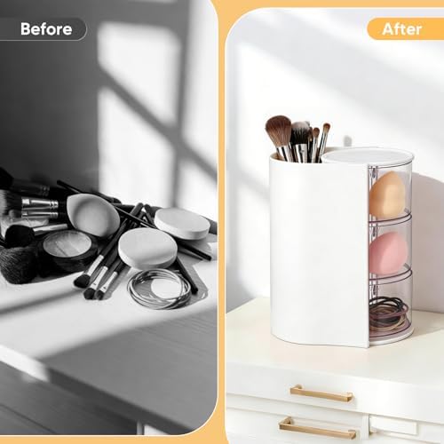 3-Tier Rotating Hair Accessories Organizer, 360° Spinning Storage Stand for Makeup Brushes and Jewelry, Compact Vanity Display Case for Girls, Holds Hair Clips, Earrings, Rings, Bracelets(White) - Image 4