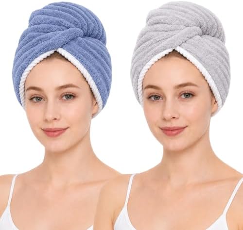 2 Pack Microfiber Hair Towel Wraps, Quick Dry Turbans, Blue & Gray by Unknown