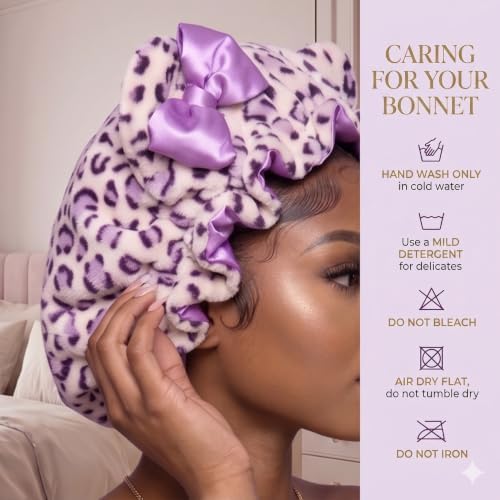 Luxury Lavender Plush Satin Lined Bonnet for Women, Sleep Hair Bonnet for Curly Natural Hair, Braids & Locs, Adjustable Night Cap for Frizz Control - Image 4