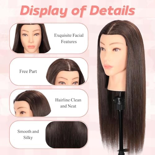 Mannequin Head Human Hair, 80% Real Hair Cosmetology Manikin Head for Practice Braiding Hairstyling Cutting with Free Clamp Holder and Tools (Dark Brown) - Image 2