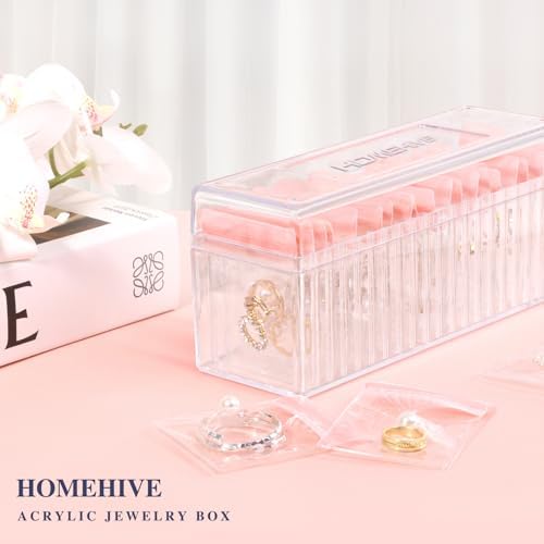 HOMEHIVE Acrylic Jewelry Box Organizer, Clear Jewelry Organizer Holder with 20 Portable Anti Tarnish Jewelry bags, Travel Jewelry Case for Earrings/Rings/Necklaces for Women Girls, Pink - Image 2