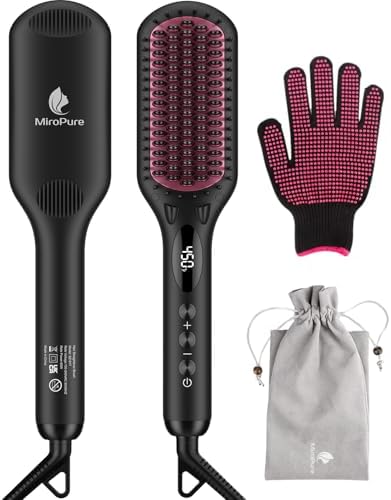 Enhanced Ceramic Hair Straightener Brush by MiroPure, 2-in-1 Ionic Straightening Brush with Anti-Scald Feature, Auto Temperature Lock & Auto-Off Function (Black) by MiroPure