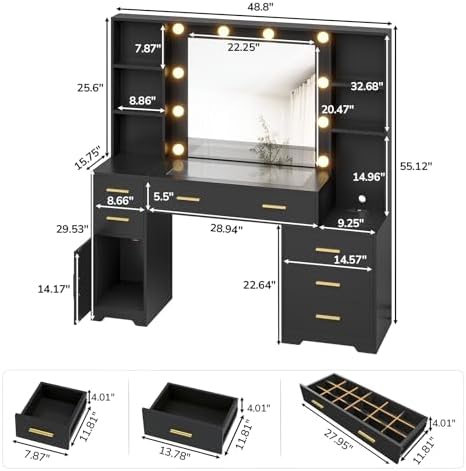 Hasuit 48.8'' Large Vanity Desk with Lighted Mirror & Power Outlet, Black Makeup Vanity Table with 6 Drawers, 4 Shelves and 1 Storage Cabinet, Glass Tabletop Bedroom Dressing Table, 3 Lighting Modes - Image 6