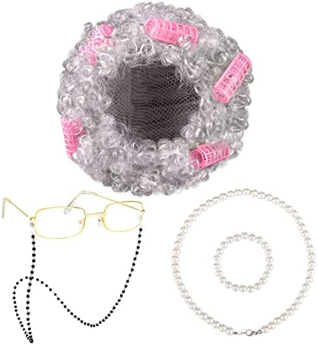 URATOT 5 Pieces Halloween Old Lady Wig Costume Set Grandma Wig Hair Rollers Glasses Chain Necklace Bracelet by URATOT