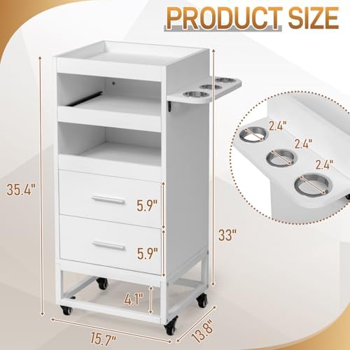 Winado Beauty Salon Trolley Cart with 2 Drawers, 3 Tool Holders, White - Image 3