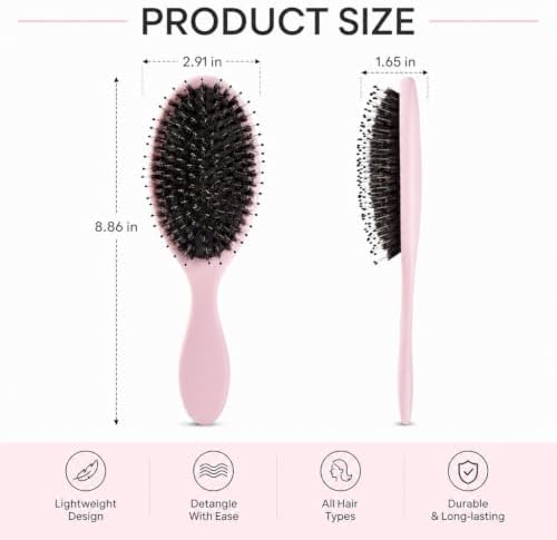 Boar Bristles Hair Brush for Women and Men, Detangling Hair Brush for Smoothing Massage Add Shine, Nylon&Boar Bristles Detangler brush for Hair Healthy (1 Pack-Pink) - Image 2