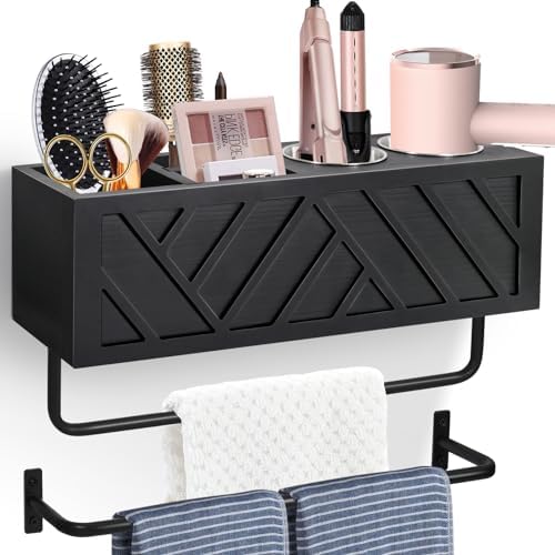 Hair Tool Organizer Wall Mount With 2 Towel Bars, Wood Hot Tools Holder, Rustic Bathroom Blow Dryer Holder For Decor, Flat Iron, Curling Wand, Brushes (Black) by Jorkol