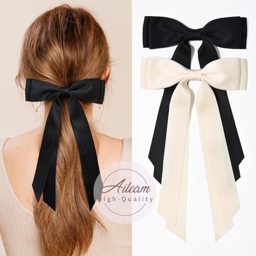2PCS Hair Bows Hair Clip Beige Black Hair Ribbon Ponytail Holder Accessories Slides Metal Clips Hair Bow for Women Girls Toddlers Teens Kids - Image 4
