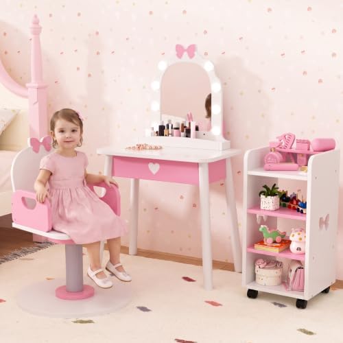 Wooden Kids Vanity Table and Chair Set with Light and Mirror, Princess Makeup Vanity Desk with Barber Chair and Rolling Cart, Pretend Hair Salon Play Set, Toddler Vanity Set for Girls, White by IdeaKey