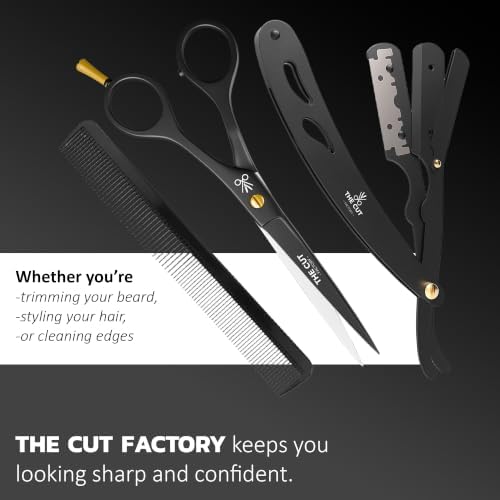 Professional Matte Black Barber Grooming Kit – Hair Cutting Scissors, Straight Razor with extra Razor Blades, Hair Comb & Leather Zipper Pouch – Complete Haircut, Beard & Mustache Trimming Set for Men - Image 2