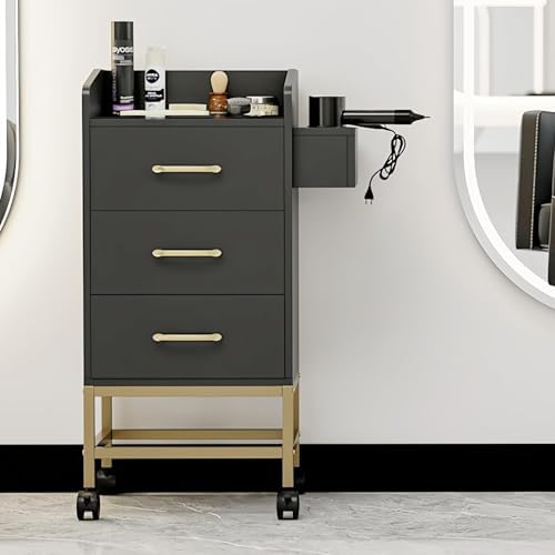 Salon Station for Hair Stylist, Black Beauty Barber Storage Station w/Lockable Wheels, Modern Salon Workstation, Rolling Beauty Cabinet Cart with 3 Drawers and 3 Hair Dryer Holders by SIKHST