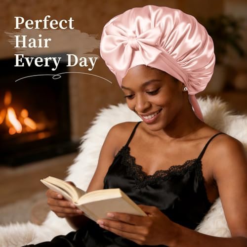 Silk Bonnet for Women, Satin Bonnet for Sleeping, Large Sleep Cap with Elastic Tie Band for Curly Hair, Blush Pink - Image 3