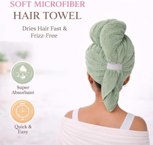 Luxury Microfiber Hair Towel Wrap for Women - Quick Dry, Super Absorbent Hair Turban, Soft & Lightweight Anti-Frizz Towel for Long, Thick & Curly Hair (Sage Green, 48" × 24") - Image 4