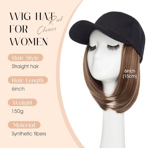 Rich Choices Hat Wigs for Women,Black Baseball Cap with Hair Extensions for Women,Short Bob Hairstyle Caps with Hair Attached Adjustable Baseball Cap Wig 6 Inch-Highlighted Dark Brown Hair - Image 2