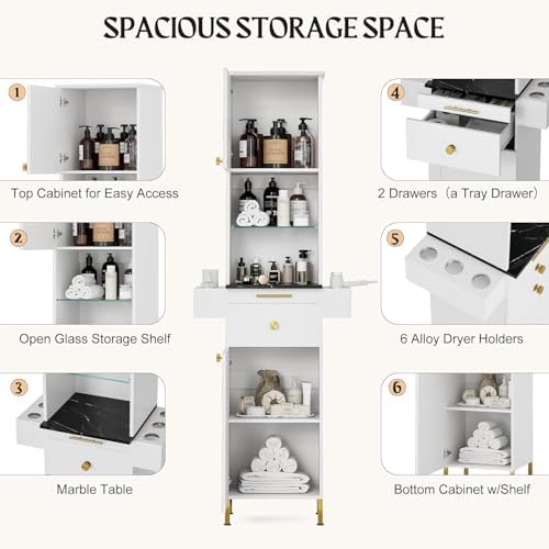 Salon Stations for Hair Stylist, Barber Station w/Glass Shelf & Golden Handles, Hair Salon Station Beauty Salon Spa Equipment w/6 Hair Dryer Holders, 2 Storage Cabinet & Drawers（White-New） - Image 4