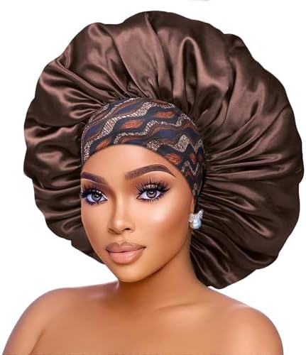Silk Satin Bonnet Hair Cap: 2pcs 17inch Diameter Extra Large Jumbo Sleeping Satin Bonnets with Comfortable Flower Band - High Density Satin Bonnets for Women Braids Curly Night Cap（Black & Coffee） - Image 3