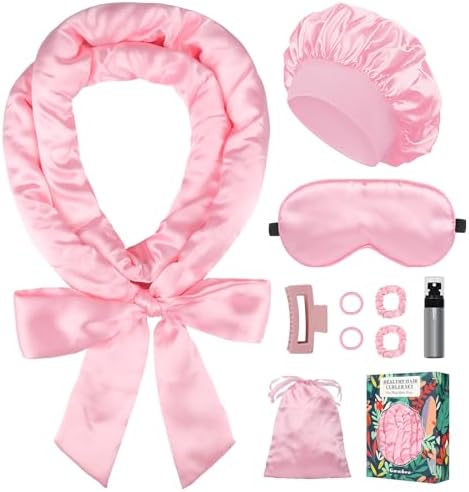 Gwabee Satin Heatless Curls Overnight Hair Curlers to Sleep In Hair Curler Rollers No Heat Hair Wrap for Curls Headband, 70" Satin Heatless Curling Rod Set for Women Long Waves Hair Volume-Pink 10PCS by Gwabee