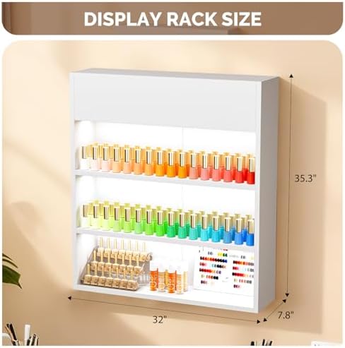 OmySalon Wall Mounted Display Rack, 32-Inch 3-Tier LED Nail Polish Organizer Shelf with USB Touch Control, for Nail Salon, Spa, Beauty Studio Storage, Wooden Retail Display (White) - Image 3