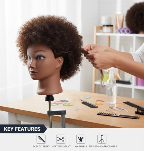 Afro Mannequin Head with 100% Human Hair Mannequin Head Curly Cosmetology for Display Practice Braiding Styling Training Head Hair Styling (Brown, 6 Inch) - Image 6