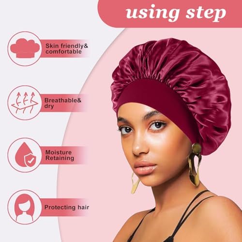 4PCS Silk Bonnet for Sleeping,Hair Wrap Satin Bonnets Shower Cap for Black Women Men, Elastic Wide Band Hair Bonnet Cap for Sleeping Curly Hair(Black & Wine Red & Purple & Brown) - Image 3