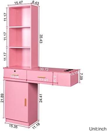 KIMAKA Wall Mount Barber Stations, Modern Simple Hair Styling Salon Equipment W/ 3 Open Shelves, Lockable Left Shelf (Pink) - Image 3