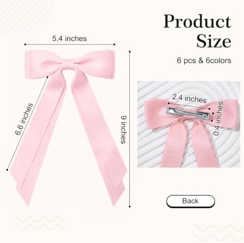 6PCS Pink Tone Hair Bows, Large Ribbon Bow Hair Clips for Girls Women Cute Ponytail Holder Accessories for Toddlers Kids Teens - Image 4