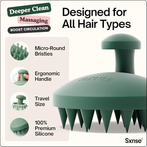 SXNSE Revive Silicone Scalp Massager - Manual Scalp Scrubber & Exfoliator Brush for Dandruff, Buildup & Itch - Scalp Shampoo Brush for Wet & Dry Hair with Soft Bristles and Easy-Grip Handle, Forest - Image 2