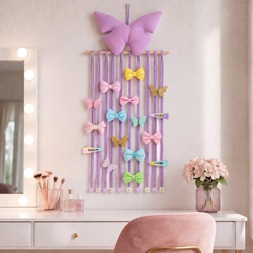 Long Bow Holder for Girls Baby Pink Purple Butterfly Hair Clip Organizer - Image 5