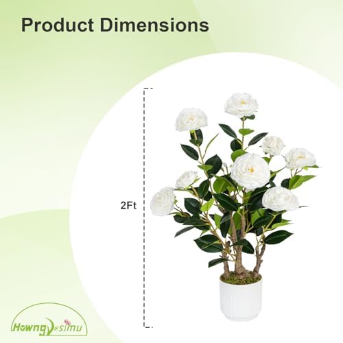 2 Pack Artificial Camellia Tree with White Pot, 24" Faux Potted Plants for Indoor Outdoor Decor, Tall Silk Greenery Plant for Home Office Living Room Balcony, White - Image 3