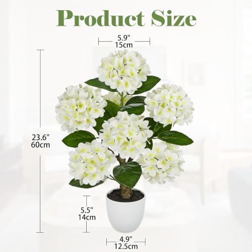 2FT White Hydrangea Artificial Flowers Tree Large Real Touch Faux Silk Hydrangea Plants Potted Fake Flower in White Pot for Home Indoor Outdoor Front Porch Garden Entrance Living Room Decor - Image 2