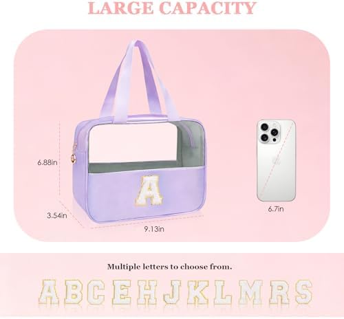 Personalized Initial A Clear Purple Makeup Bag - Large Travel Toiletry Bag, Cute Cosmetic Organizer Set for Girlfriend, Teacher, Teen Girl Gifts - Image 2