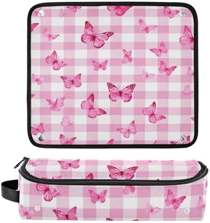 Hair Tools Travel Bag with Heat Resistant Mat Detachable 2-in-1 Curling Iron Travel Case Hot Tools Organizer for Straightener Flat Iron Checkered Pink and White Butterflies - Image 3