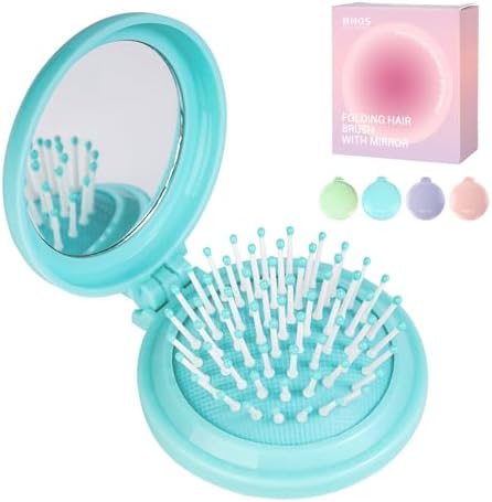 RHOS Folding Brush with Mirror for Women, Men & Kids - Compact, Portable, and Foldable for Travel, Purse or Pocket (Blue) by RHOS