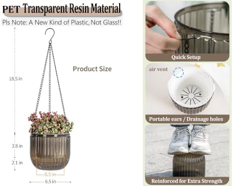 Melphoe 2 Pack Self Watering Hanging Planters Indoor Flower Pots, 6.5 Inch Outdoor Hanging Plant Pot Basket, Plant Hanger with 3Hooks Drainage Holes for Garden Home (Gray) - Image 6