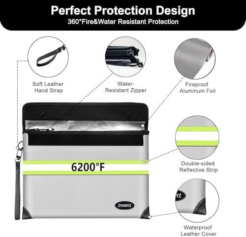 Fireproof Document Bag with Lock Water Resistant Zipper,6200°F Heat Insulated Fire Proof Pouch with Soft Leather Hand Strap,Fire Envelope for Cash,Documents,Jewelry（Not Suitable for A4 Files） - Image 3
