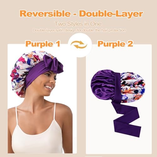 GDTOGRT Satin Silk Bonnet for Sleeping Women - Double Layer Sleep Hair Bonnets Caps for Curly Braid Hair with Tie Band - Image 3