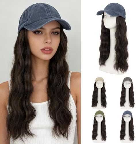 Rich Choices Hat Wigs for Women,Denim Blue Baseball Cap with Hair Extensions for Women,Caps with Wavy Curly Synthetic Long Hair Attached Adjustable Baseball Cap Wig 18 Inch Dark Brown Hair by RichChoices