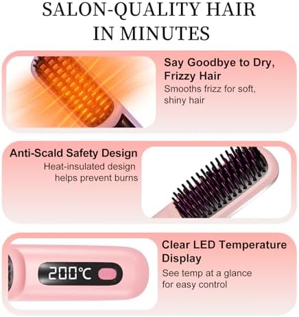 Go Brush Pro for Short Hair 2026, Portable Straightener Brushs for Travel, with LCD Temperature Display, Fast Heating Cordless Mini Hair Brushs(Pink) - Image 4