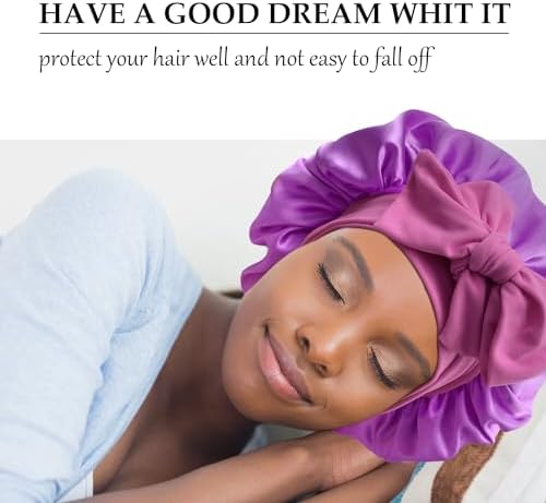 Satin Silk Hair Bonnet for Sleeping Large Bonnets with Tie Band Wrap with Adjustable Straps Night Sleep Caps for Women Curly Braid Hair (Black,Purple) - Image 2