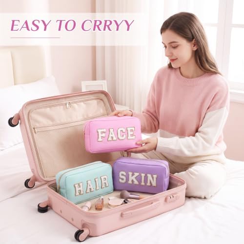 Remerry 4 Pcs Nylon Makeup Bags Waterproof Spacious Travel Cosmetic Bag for Women Chenille Letter Preppy Zipper Pouch Face Stuff Skin Hair Organizer Gift(Dark Green, Light Green, Orange, Yellow) - Image 5