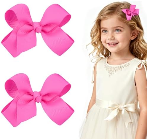 3 Inch Hot Pink Hair Bow Clips for Girls - Set of 2 by Ronger2000