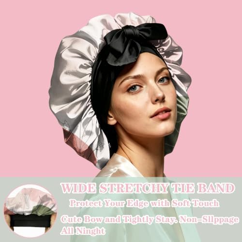 Satin Hair Braid Bonnet for Sleeping Double Layer Tie Band Elastic Wide Soft Silk Lined Nightcap Women Girls Cute - Image 5