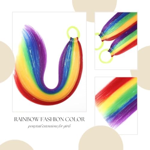 Rainbow Ponytail Extensions, Ponytail Hair Tinsel Extension with Tie Girls Accessories for Daily Party Festival Use Halloween Wacky Hair Braiding for Women Ponytail Hair Pieces 2pcs/lot - Image 2