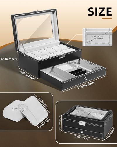 Uten Watch Box 12 Slots, PU Leather Watch Display Case with Jewelry Drawer - Image 6