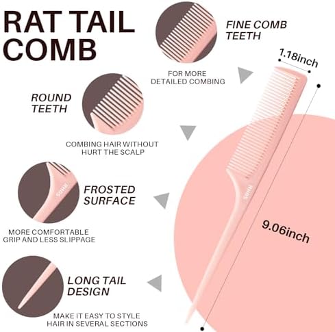 RHOS Rat Tail Comb for Parting, Fine Tooth Teasing Comb with Pick, 2 Pack Hair Styling Combs Set for Women and Men, Pink & Purple, Plastic, Unisex - Image 7